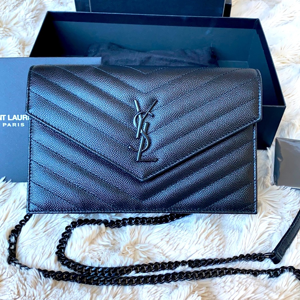 YSL SMALL BLACK CHAIN WALLET GRAIN DE POUDRE